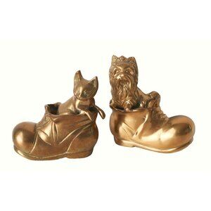 2 Brass Shoe Cat & Dog Figurines Paperweight